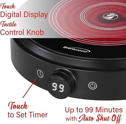 Brentwood Select 1500w 10-Inch Countertop Infrared Single Burner with Digital Touch Buttons, Knob, 9 Heat Settings, 99 Minute Timer, Black