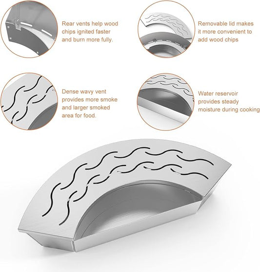 Onlyfire BBQ Smoker Box, Stainless Steel Fan-Shape Wood Chip Smoker Box with Removable Lid & Water Reservoir for Charcoal Grills, Kamado Grills - Add Smokey BBQ Flavor to Your Foods, Design Patent