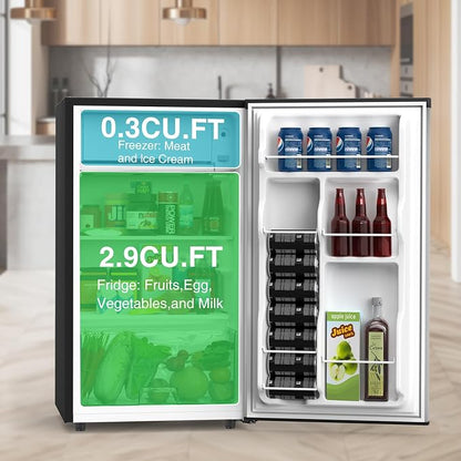 OLIXIS 3.2 Cu.Ft Mini Fridge with Freezer, Single Door Compact Refrigerator | Adjustable Thermostat, 5-Level Thermostat, for Bedroom Office Dorm, LED Interior Light, Sliver
