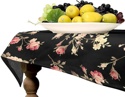 Vintage Flower Tablecloth, Black Pink Garden Florals Rustic Roses Boho Botanical Plant Water Resistant Wipeable Table Cover for Picnic Party Holiday Kitchen Dinner Table 55"x55"