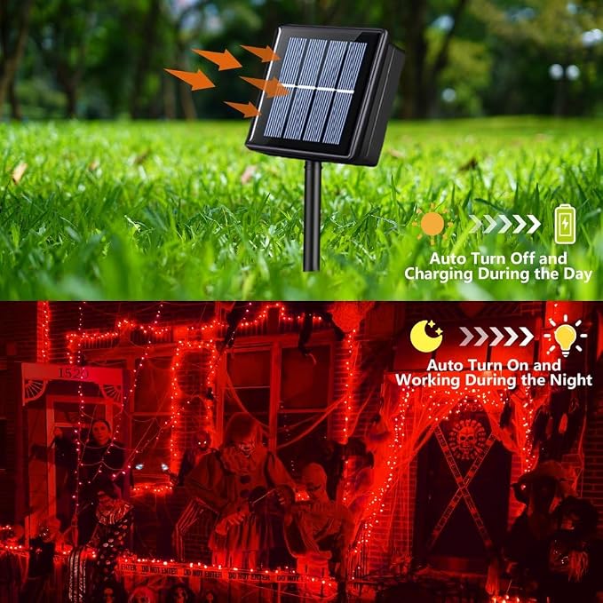 QITONG 2 Pack Halloween Solar Fairy Lights, Each 66ft 200 LED Red String Light Outdoor Waterproof, 8 Modes Silver Wire Christmas Twinkle Mini Lights