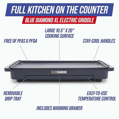 Blue Diamond 20" XL Electric Griddle, Graphite | PFAS-Free Ceramic Nonstick, Flat Top Grill/Griddle, Removable Drip Tray, Warming Drawer, Easy-Clean Design, Pancakes, Burgers