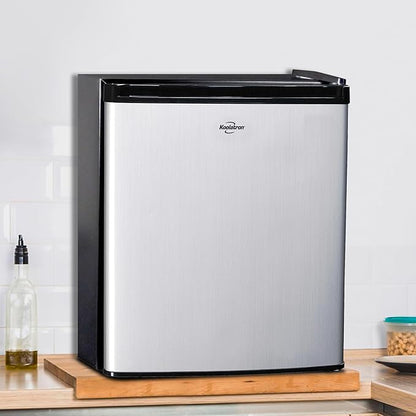 Koolatron Stainless Steel Compact Fridge with Freezer, 1.7 Cubic Feet (48 L) Capacity, Silver and Black, for Snacks, Frozen Meals, Beverages, Juice, Beer, Den, Dorm, Office, Games Room, or RV