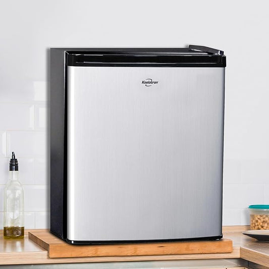 Koolatron Stainless Steel Compact Fridge with Freezer, 1.7 Cubic Feet (48 L) Capacity, Silver and Black, for Snacks, Frozen Meals, Beverages, Juice, Beer, Den, Dorm, Office, Games Room, or RV