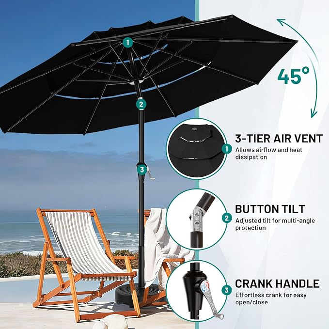 AreShark 9ft 3-Tier Patio Umbrellas, Outdoor Umbrella with 8 Sturdy Ribs UV Protection Windproof, Market Table Umbrella w/Push Button Tilt & Crank for Pool, Porch, Deck, Garden(Black)