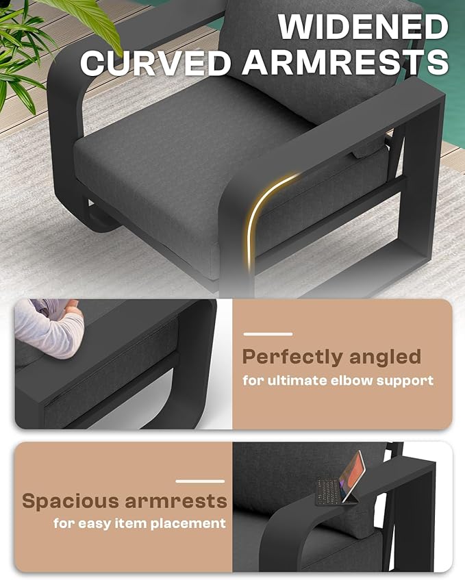 Oversized Aluminum Outdoor Furniture Set, Extra Large Patio Furniture Sofa Set 4.8” Widened Armrest & Ultra-Thick Cushions, 4 Pcs Modern Patio Sectional for Backyard, Porch, Graphite
