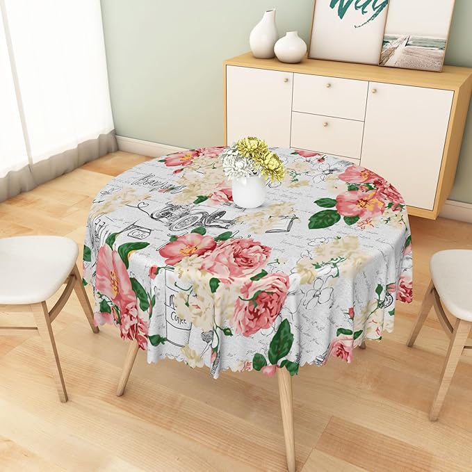 Modern Flowers Tablecloth 70 Inch Circle Vintage Style French Flower Seasonal Washable Wrinkle Free Spill Proof Polyester Wedding Birthday Round Table Cover for Dining Table Farmhouse Kitchen