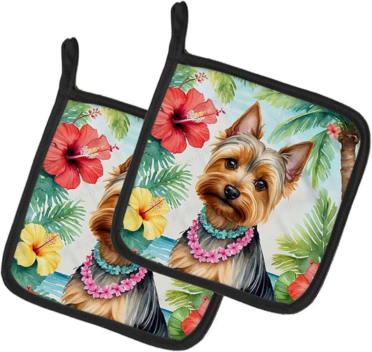 Caroline's Treasures Silky Terrier Luau Pair of Pot Holders Kitchen Heat Resistant Pot Holders Sets Oven Hot Pads for Cooking Baking BBQ, 7 1/2 x 7 1/2