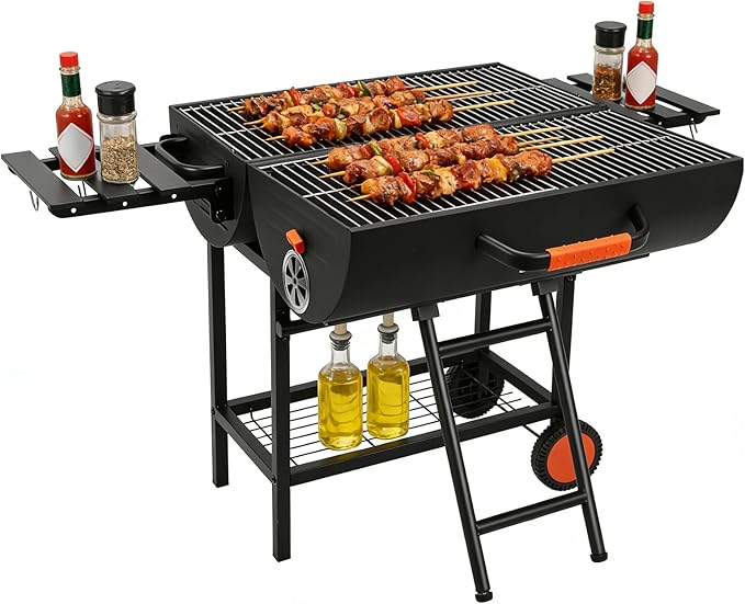 Extra Large Charcoal BBQ Grills, 871 Sq.In Dual-Sided Barbecue Grill with Foldable Side Tables & Wheels, Heavy Duty Outdoor Grill for Backyard Camping Patio Parties, Black