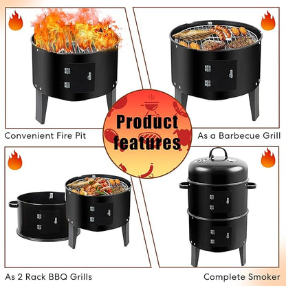 18 Inch Multi-Layer Steel Charcoal Smoker Grill, 3IN1 Vertical Heavy Duty Round Charcoal BBQ Smoker Grill with Built-in Thermometer & Adjustable Vent System for Camping & Home Party, Black
