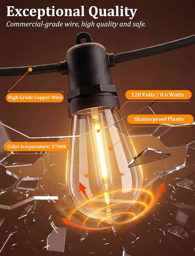 S14 Outdoor String Lights 30FT, Waterproof Patio Lights with 11 Shatterproof LED Bulbs (1 Spare), UL Certified Commercial Grade Black Wire Hanging Lights for Outdoor, Indoor, Backyard, Porch