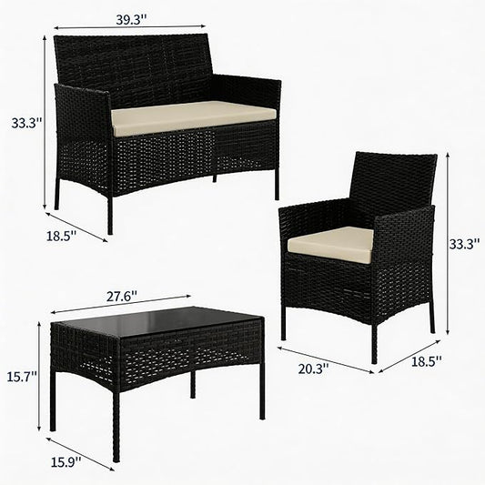 4-Piece Outdoor Furniture Set, PE Rattan Wicker Chairs with Soft Cushions & Tempered Glass Coffee Table - All-Weather Patio Set for Garden, Backyard, Porch, Poolside (Black/Beige)