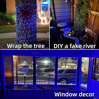 YEGUO 4 Pack Blue Solar Fairy Lights, Each 33ft 100 LED Christmas Lights Outdoor Waterproof, 8 Modes Sliver Wire Solar String Lights