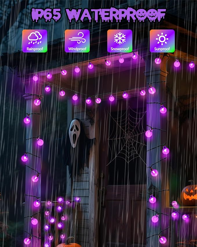 LORRYTE 2 Pack 64FT 100 LED Crystal Globe Solar Halloween Lights, Purple | Halloween String Lights Outdoor Waterproof, 8 Modes, Solar Powered Halloween Decorations for Outside Garden Patio Party Yard