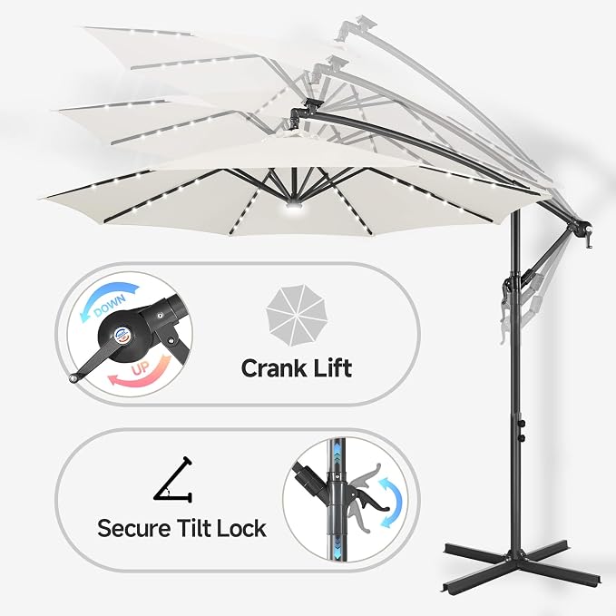 10 ft Solar Patio Umbrella Cantilever with Centre Light, Ivory | 40 LED Lights, UV Protection, Large Offset Patio Umbrella Outdoor for Garden, Deck, Backyard, Pool, Porch, Provides Shade