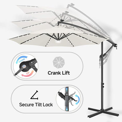 10 ft Solar Patio Umbrella Cantilever with Centre Light, Ivory | 40 LED Lights, UV Protection, Large Offset Patio Umbrella Outdoor for Garden, Deck, Backyard, Pool, Porch, Provides Shade