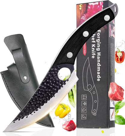 Chef Knife, Boning Knife for Meat Cutting, Viking knife with sheath,Hand Forged Japanese Knife,Kitchen Knives For Home, Outdoor Cooking, Camping BBQ (Black)