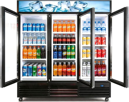 71” Wide Commercial Beverage Refrigerator Display Fridge, Three Glass Door Merchandiser Drink Cooler With LED Light 9 Adjustable Shelves,ETL Sanitation,63.5 Cu Ft,BLACK,Wheels Included