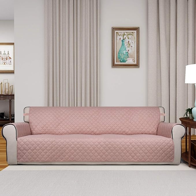 PureFit Reversible Quilted Couch Covers for Dogs Sofa Cover 4 Seater 88" | Pink/Beige, Water Resistant Couch Protector, Washable Pet Couch Cover with Non Slip and Elastic Straps For Kids
