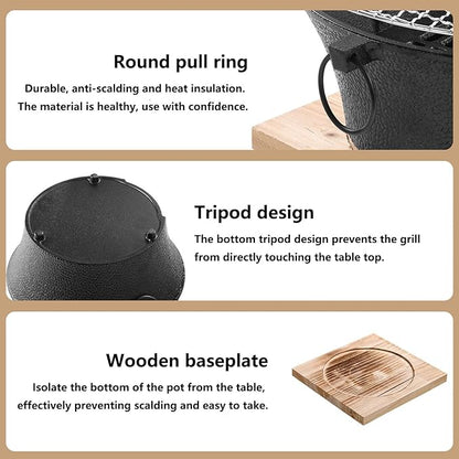 Removable Round Charcoal Barbecue Grill Hibachi Grill Portable Desk Tabletop BBQ Grill with Handle Wooden Anti-scalding Baseplate for Camping Picnics Garden Beach Party(Large)