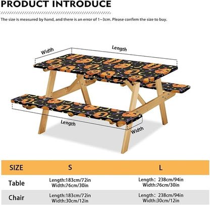 Picnic Table Cover with Bench Covers 3 PCS for Outdoor BBQ Camping Halloween Pumpkin Bat Camping Tablecloth with Elastic Band