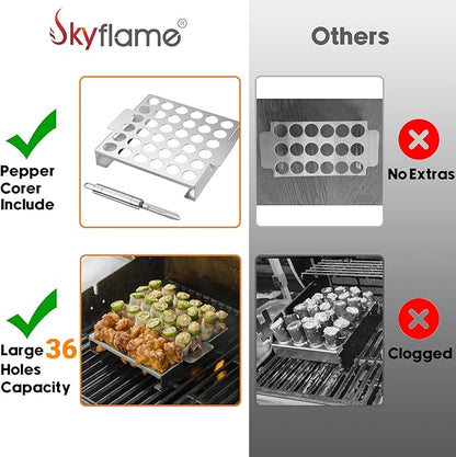Skyflame Jalapeno Grill Rack with Handle and Chili Pepper Corer Tool - Large 36 Holes Capacity Stainless Steel Drumstick Chicken Legs Roaster for BBQ Smoker and Oven