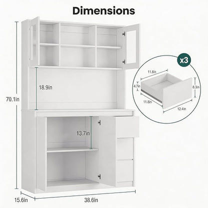 71" Kitchen Pantry Cabinet,Tall Storage Cabinet with Charging Station | Kitchen Storage Hutch with Microwave Shelf,Coffee Bar,Led Lights & Shelves Adjustable,Corner Pantry Cabinet for Living Room