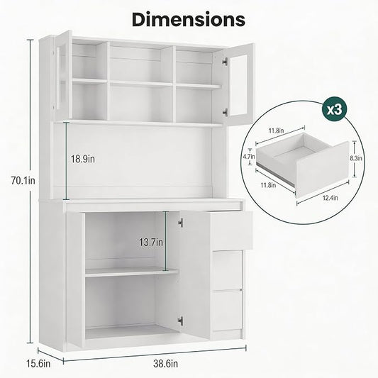 71" Kitchen Pantry Cabinet,Tall Storage Cabinet with Charging Station | Kitchen Storage Hutch with Microwave Shelf,Coffee Bar,Led Lights & Shelves Adjustable,Corner Pantry Cabinet for Living Room