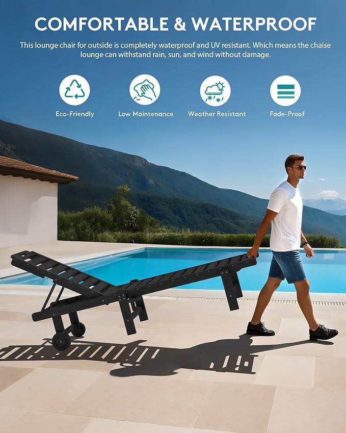 SERWALL HDPE Outdoor Chaise Lounge with Cup Holder & Wheels, Black | Weather-resistant chaise lounge resists fading, with 5-level adjustable back, cup holder and wheels.