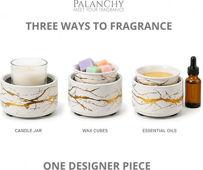 PALANCHY Wax Melt Warmer Ceramic 3-in-1 Oil Burner Electric Candle Wax Warmer Burner Melter Fragrance Warmer for Scented Waxs Home Office Bedroom Aromatherapy Gift & Decor | White Gold Wax Melter Aromatherapy Gift & Decor Home Office Bedroom. Ceramic C...