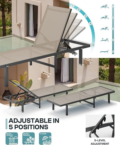 Pool Lounge Chairs Set of 3 (2 Loungers + 1 Side Table)，Outdoor Lounge Chairs with Wheels and 5-Position Recliner, Aluminum Patio Lounge Chair for Poolside, Deck (Khaki)