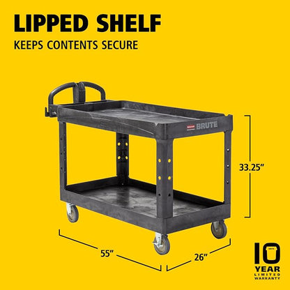 Rubbermaid Commercial Products BRUTE Heavy Duty 2-Shelf Utility/Service Cart, Medium, Lipped Shelves, Ergonomic Handle, 750 lb Capacity, Black, for Warehouse/Garage/Cleaning/Office