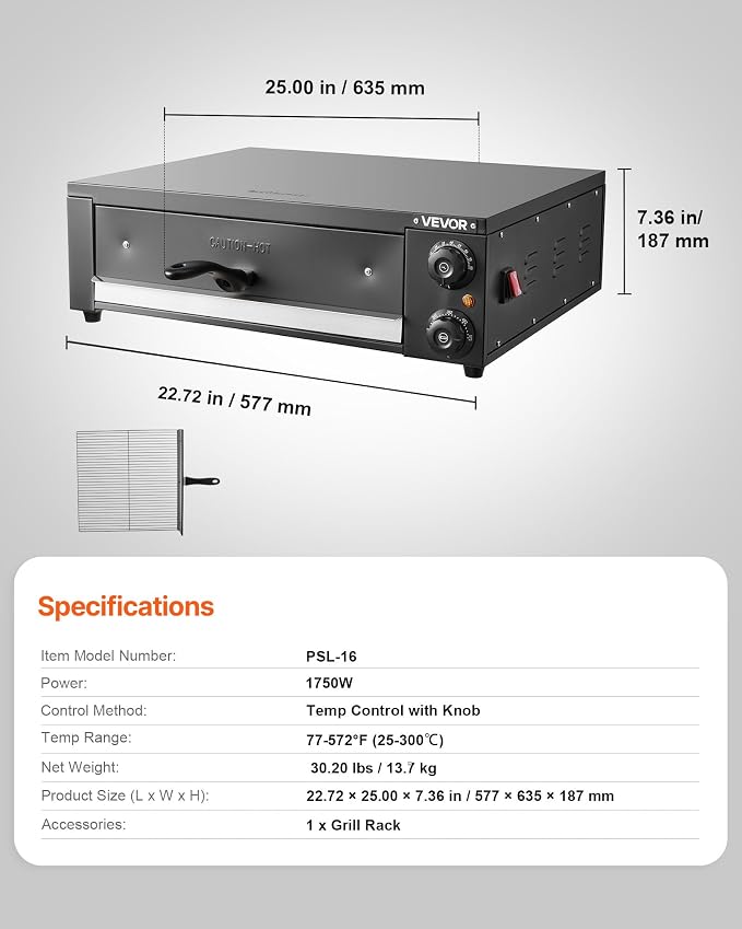 VEVOR Electric Pizza Oven, 16 in Countertop Pizza Oven, 77 to 572°F Temp Range, 1750W Indoor Pizzas Maker w/Timing & Temp Control, Pizzas Cooker w/Dual Heat Tube, Grill Rack, for Kitchen & Commercial