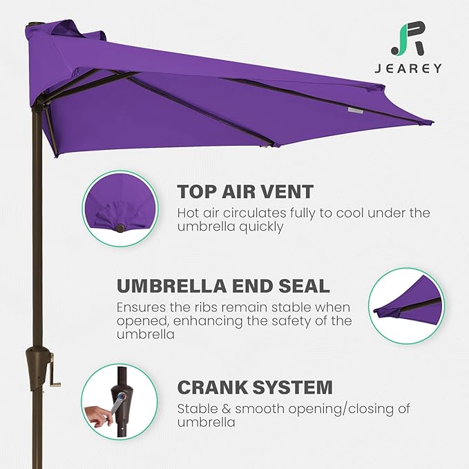 JEAREY 9ft Half Umbrella Outdoor Patio Umbrella Market Umbrellas with Crank, 1/2 Round Wall Umbrella 5 Sturdy Ribs UV Protection for Pool Garden Balcony Deck, Grape Purple