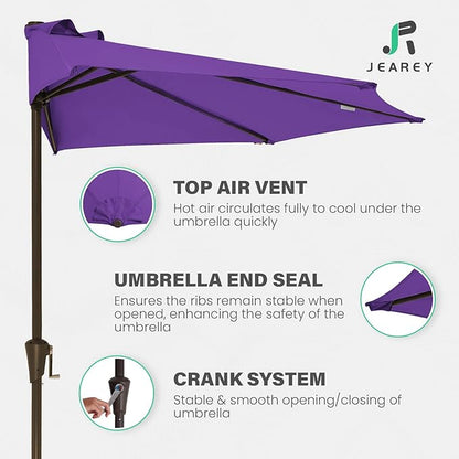 JEAREY 9ft Half Umbrella Outdoor Patio Umbrella Market Umbrellas with Crank, 1/2 Round Wall Umbrella 5 Sturdy Ribs UV Protection for Pool Garden Balcony Deck, Grape Purple