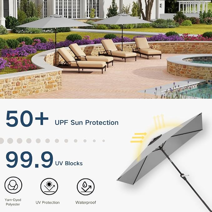 6.5' x 10' Rectangular Patio Umbrella Large Outdoor Market Umbrella w/UV Protection, Push Button Tilt and Crank Lift, Rectangle Table Umbrella for Garden, Deck, Pool, Patio, Light Gray