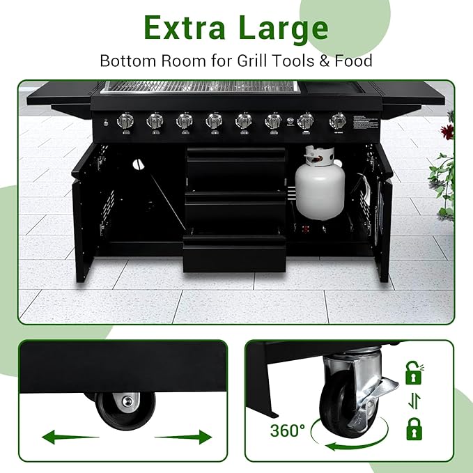 SINDA 6 Burners Gas Grill with Foldable Side Shelf, BBQ Outdoor Grill with 99000 BTUs Output, 3 Drawers for Backyard Barbecue Cooking & Barbecue Grilling，Black