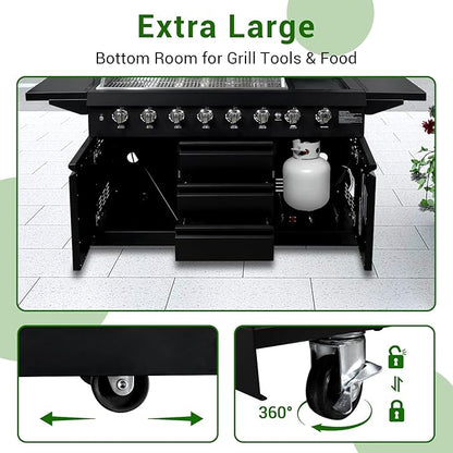 SINDA 6 Burners Gas Grill with Foldable Side Shelf, BBQ Outdoor Grill with 99000 BTUs Output, 3 Drawers for Backyard Barbecue Cooking & Barbecue Grilling，Black