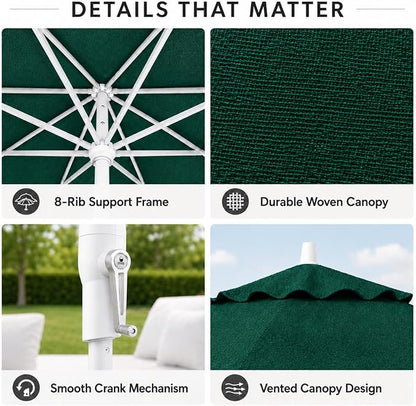 Treasure Garden 9ft Patio Umbrella - Outdoor Furniture Market Umbrella – Deluxe Auto-Tilt – White Aluminum Frame (Sunbrella, Forest Green)