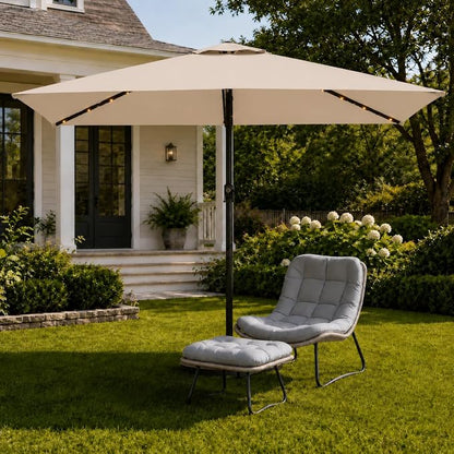 6.5 x 10ft Rectangular Patio Umbrella with Solar Lights, 16 LED Lighted Market Umbrella with Push-Button Tilt and Crank, 6 Sturdy Iron Ribs for Garden, Deck, Pool, Beige