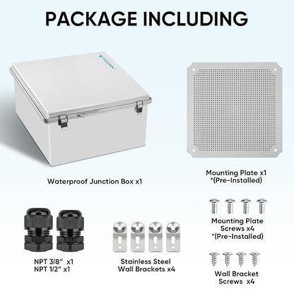 TICONN Outdoor Electrical Box Waterproof, Junction Box IP67 ABS Plastic Enclosure with Hinged Cover with Mounting Plate, Wall Brackets, Cable Glands (Off-White, 11.8"x11.8"x7.1")