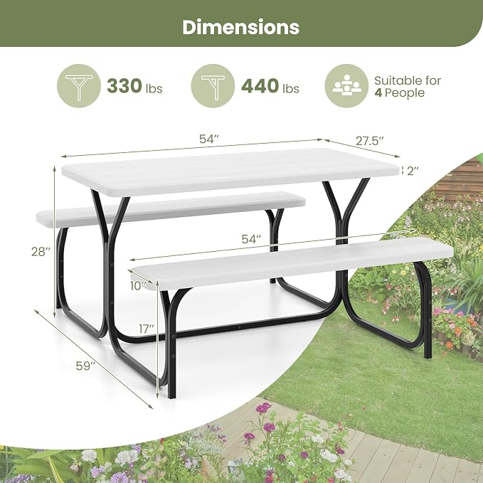 Picnic Table, Outdoor Dining Table with 2 Benches, Wood Grain Tabletop, Heavy Duty Metal Frame, Portable Picnic Table for Outdoors Backyard Garden Lawn Patio Poolside Deck (White)