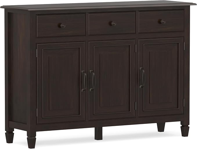 SIMPLIHOME Connaught 51" Solid Wood Cabinet in Chestnut Brown | Traditional space-saving entryway or mudroom cabinet with 3 drawers and adjustable shelves for organized household storage.