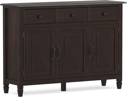 SIMPLIHOME Connaught 51" Solid Wood Cabinet in Chestnut Brown | Traditional space-saving entryway or mudroom cabinet with 3 drawers and adjustable shelves for organized household storage.