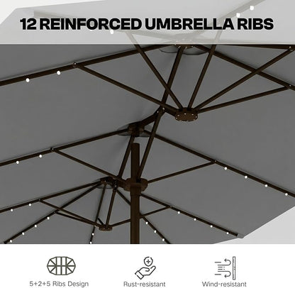 15ft Large Patio Umbrella with Solar Lights and Base, Double-Sided Outdoor Rectangle Umbrella with 48 LED Lights, Market Table Umbrellas with UV Resistant Canopy
