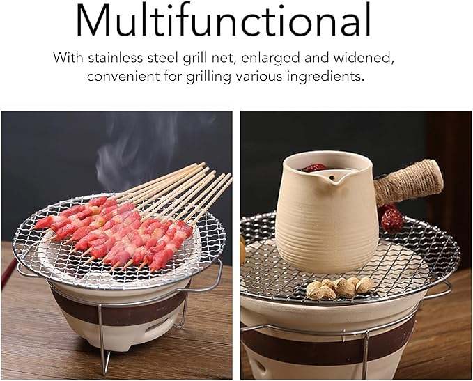 Clay Charcoal Stove, Portable Barbecue Stove Ceramic Carbon Mud Soil Stove Old Fashioned Tabletop Grill Multifunctional Chinese Clay Tea Stove with Wire Mesh Grill for Home Picnic