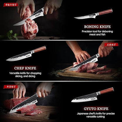 Huusk Japanese Chef Knife Set 6 pcs, Kitchen Knives with Hand-forged High Carbon Steel Blade, Sharp Cooking Knife Set with Ergonomic Wood Handle, Professional Kitchen Knives Sets, Gift Idea for Men