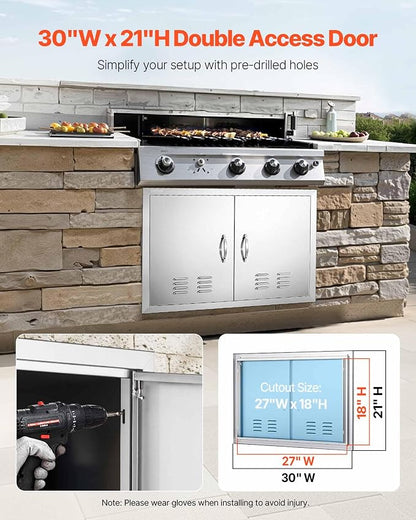 VEVOR BBQ Access Door, 30W x 21H Inch Double Outdoor Kitchen, Stainless Steel Flush Mount, Wall Vertical With Handles and Vents, for BBQ Island, Grilling Station, Outside Cabinet