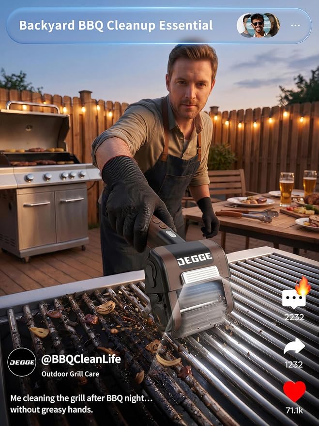 DEGGE Electric Grill Brush, Cordless BBQ Grill Cleaner with 4500mAh | Battery, 800RPM High-Torque Motor, Built-in LED Light, 304 Stainless Steel Roller Brush for Uncoated Gas & Charcoal Grills