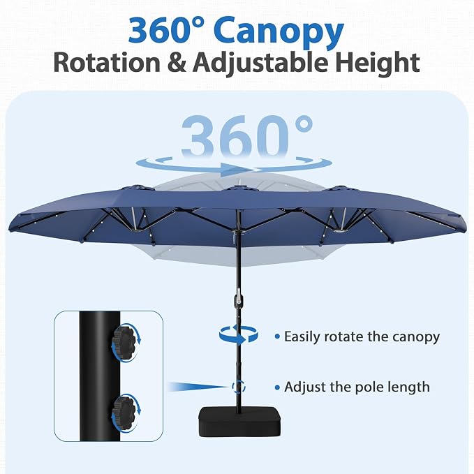 HOPERAN 15FT Patio Umbrella with Base Included, Large Outdoor Double-Sided Rectangle Table Umbrella with Easy Crank Lift, Market Umbrella for Backyard, Pool&Garden